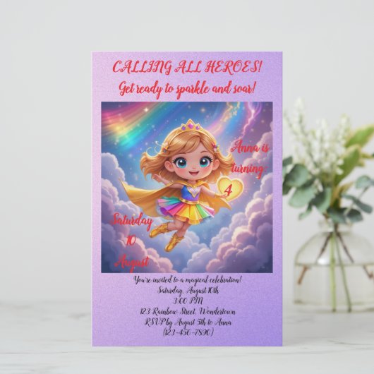 Editable Birthday Invitation – Superheroine Theme Briefpapier (Stehend Vorderseite)