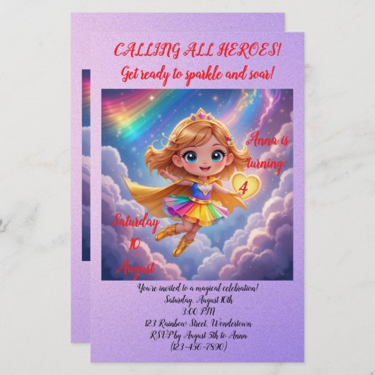 Editable Birthday Invitation – Superheroine Theme Briefpapier (Vorne/Hinten)