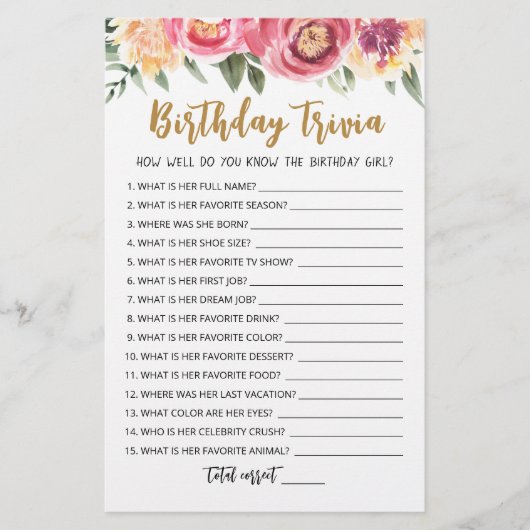 Editable Birthday trivia Birthday party game (Vorderseite)