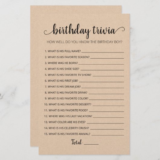 Editable Birthday trivia Birthday party game (Vorne/Hinten)