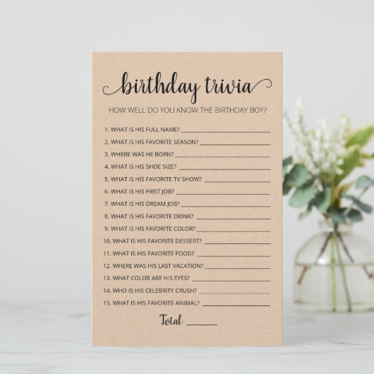 Editable Birthday trivia Birthday party game (Stehend Vorderseite)