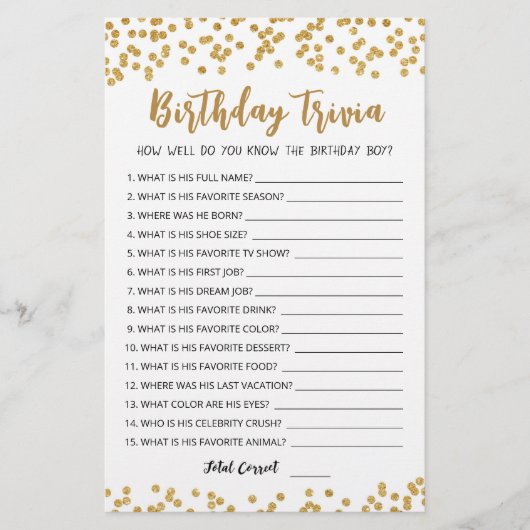 Editable Birthday trivia Birthday party game (Vorderseite)