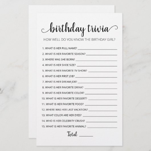 Editable Birthday trivia Birthday party game (Vorne/Hinten)