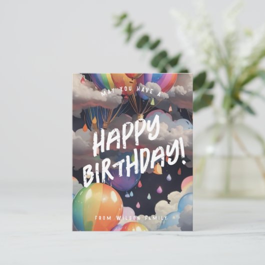 Editable Bithday Regenbogenballons grüßen Postkarte (Stehend Vorderseite)
