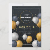 Editable Black and Gold Ballon Erwachsene Geburtst Einladung (Vorderseite)