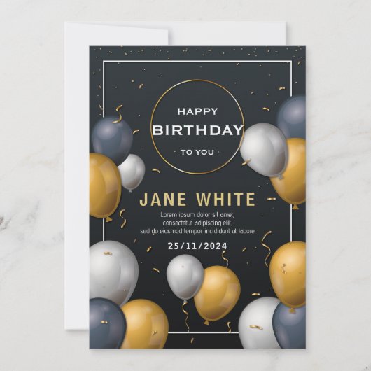 Editable Black and Gold Ballon Erwachsene Geburtst Einladung (Vorderseite)