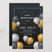 Editable Black and Gold Ballon Erwachsene Geburtst Einladung (Vorne/Hinten)