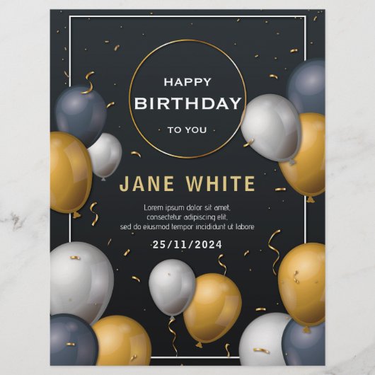 Editable Black and Gold Ballon Erwachsene Geburtst Flyer (Vorne)