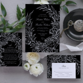 Editable Black Blume White Wreath Wedding Einladung