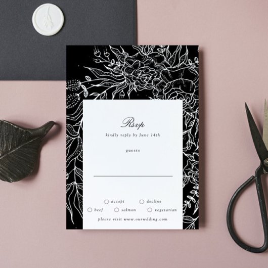 Editable Black Blume White Wreath Wedding RSVP Karte