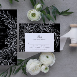 Editable Black Blume White Wreath Wedding RSVP Karte