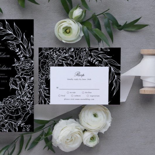 Editable Black Blume White Wreath Wedding RSVP Karte