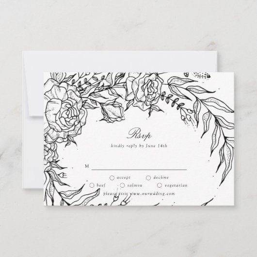Editable Black Blume White Wreath Wedding RSVP Karte (Vorderseite)