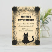 Editable Black Cat And Black Flowers Einladung (Stehend Vorderseite)