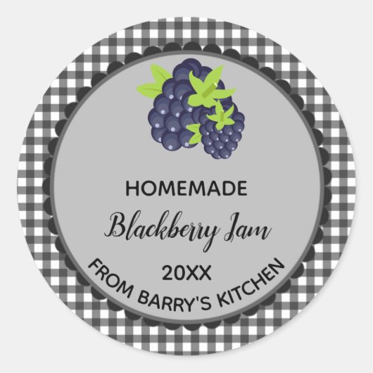 Editable Black Gingham BlackBerry Jam Labels Runder Aufkleber (Vorderseite)