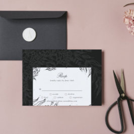 Editable Black on Black Blume Wreath Wedding RSVP Karte