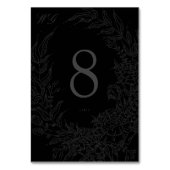 Editable Black on Black Floral Wreath Wedding Tischnummer (Vorderseite)
