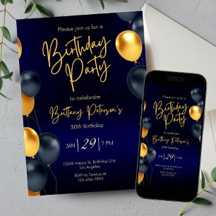 Editable Blue and Gold Birthday Einladung für Männ