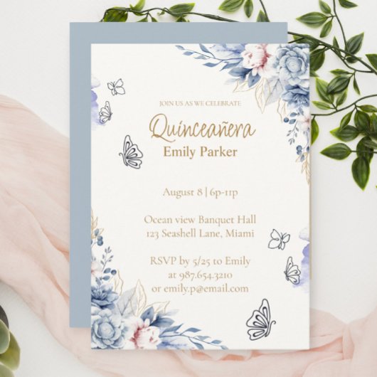 Editable Blue and Gold Quinceañera Invitation Einladung