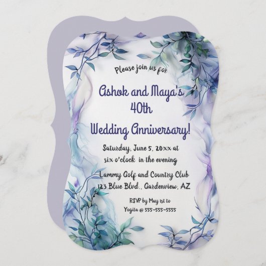 Editable Blue Blätter and Violet Waves Einladung (Vorne/Hinten)