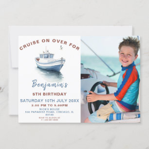 Editable Blue Boat Thema Geburtstag Foto Einladung