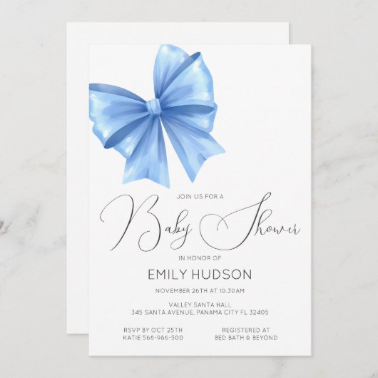 Editable Blue Bow Coquette Einladung (Vorne/Hinten)