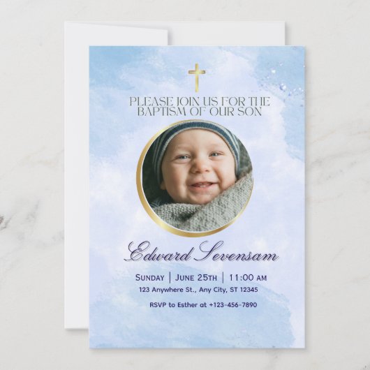 Editable Blue Cloud Baby Boy Baptism Einladung (Vorderseite)