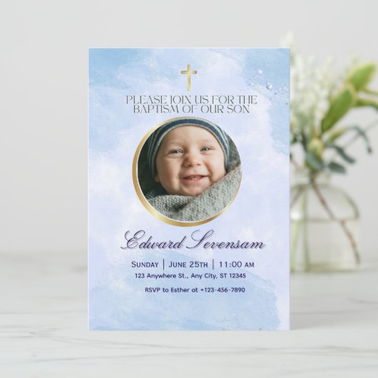 Editable Blue Cloud Baby Boy Baptism Einladung (Stehend Vorderseite)