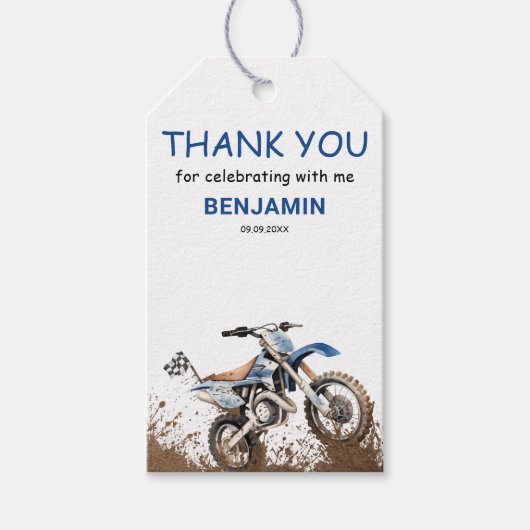 Editable Blue Dirt Bike Kindergeburtstag Geschenkanhänger (Vorderseite)