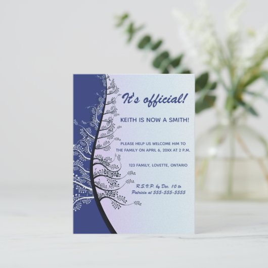 Editable Blue Family Tree Adoption Einladungspostkarte (Stehend Vorderseite)