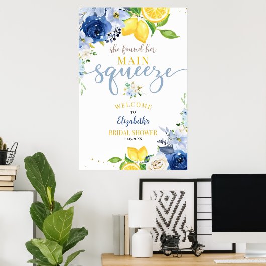 Editable Blue Floral Lemon Brautparty Sie gefunden Poster (Heimbüro)