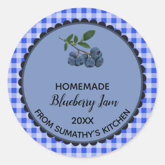 Editable Blue Gingham Blueberry Jam Label Sticker (Vorderseite)