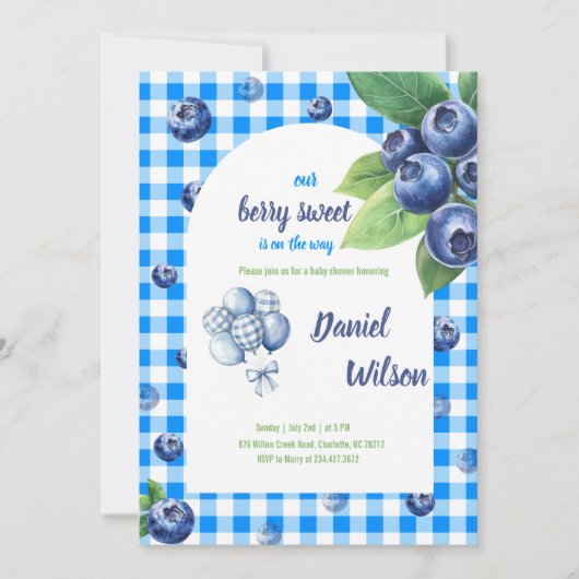 Editable Blue Gingham Charming Berry Green Blätter Einladung (Vorderseite)