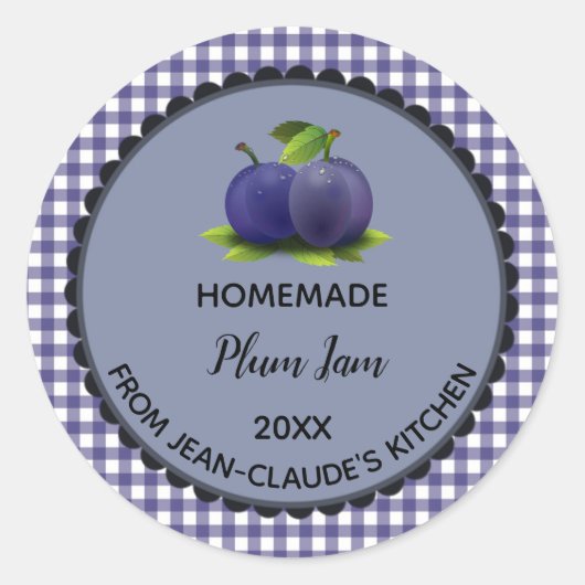 Editable Blue Gingham Plum Jam Label Stickers (Vorderseite)