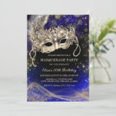 Editable Blue Gold Themes für Masquerade Party Einladung (Stehend Vorderseite)