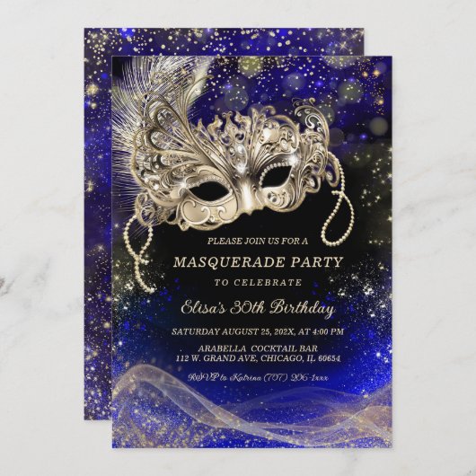 Editable Blue Gold Themes für Masquerade Party Einladung (Vorne/Hinten)