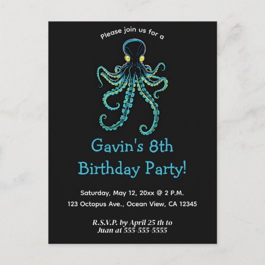 Editable Blue Octopus Einladungspostkarte (Vorderseite)