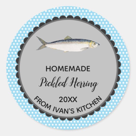 Editable Blue Polka Dot Herring Label Stickers! Runder Aufkleber (Vorderseite)