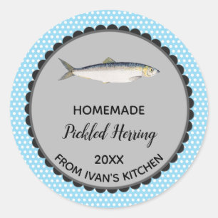 Editable Blue Polka Dot Herring Label Stickers! Runder Aufkleber