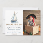 Editable Blue Sailboat Foto Geburtstag Einladung (Vorderseite)