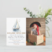 Editable Blue Sailboat Foto Geburtstag Einladung (Stehend Vorderseite)
