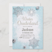 Editable Blue Silver Glitzer Winter Onederland Einladung (Vorderseite)