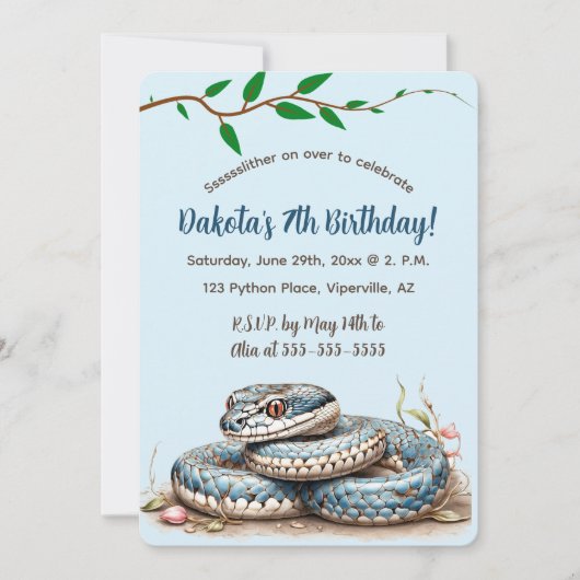 Editable Blue Snake Birthday Einladung (Vorderseite)
