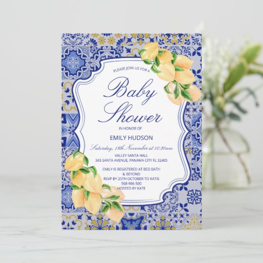 Editable Blue Tiles Lemons Einladung (Stehend Vorderseite)