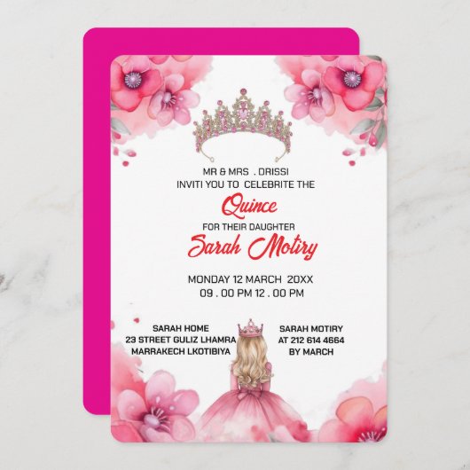 Editable Blush Pink Quinceañera Einladung templat (Vorne/Hinten)