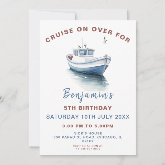 Editable Boat Theme Birthday Einladung - Junge (Vorderseite)