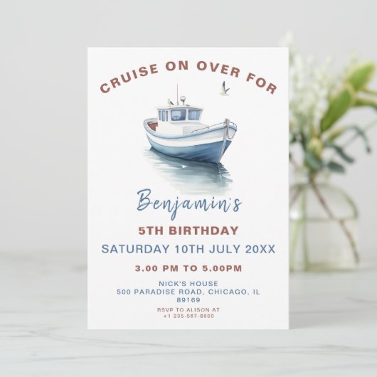 Editable Boat Theme Birthday Einladung - Junge (Stehend Vorderseite)