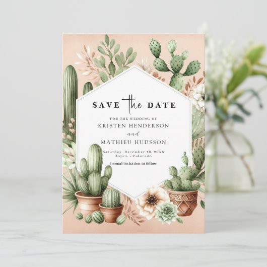 Editable Boho Cactus Wedding Save The Date (Stehend Vorderseite)