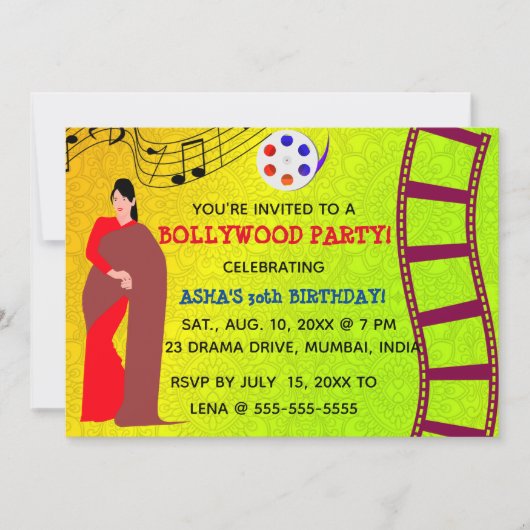 Editable Bollywood Birthday Party Einladung (Vorderseite)