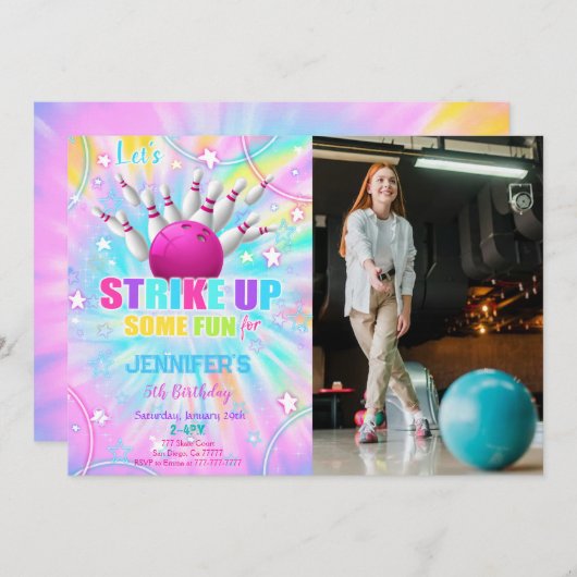 Editable Bowling Birthday Foto Einladung (Vorne/Hinten)